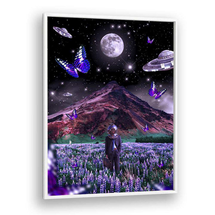 Surreal landscape with a figure in a suit, featuring butterflies and a moon, from FOREIGN SOIL, SURREAL ART PRINTS.