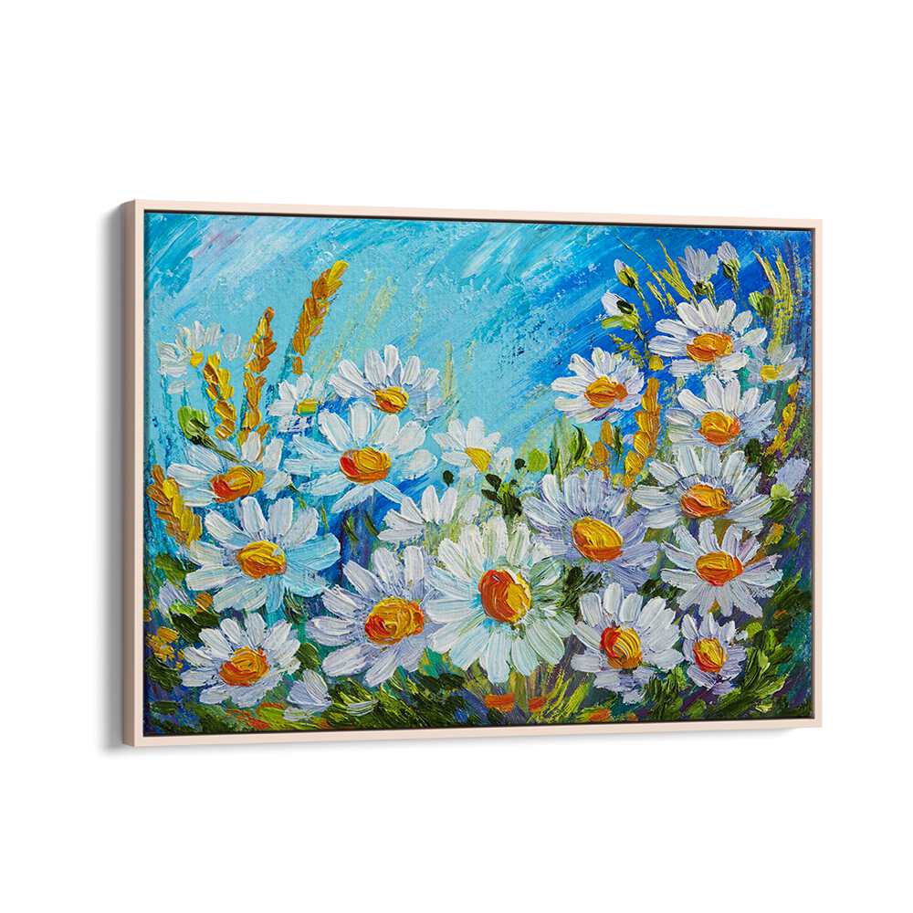 Colorful daisies in an oak floater frame, showcasing FRAGRANT LAYERS, VINTAGE EUROPEAN PAINTINGS elegance.