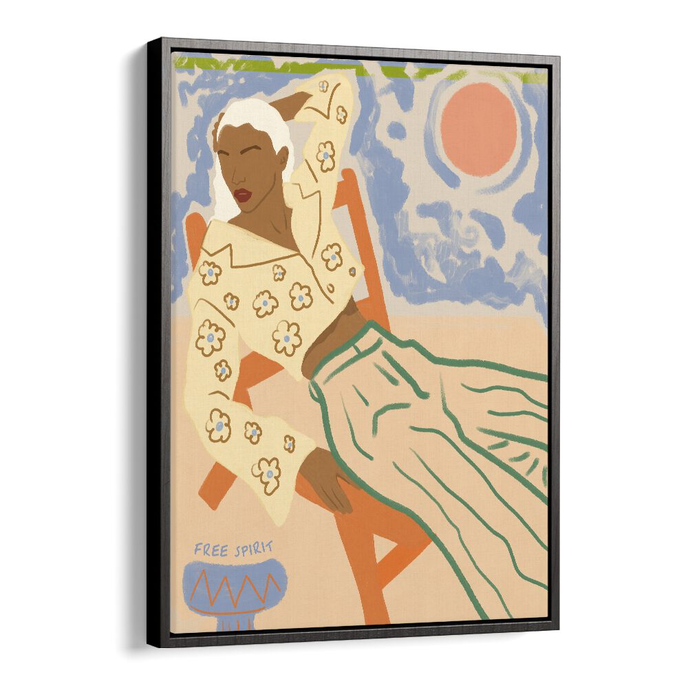 Vibrant "FREE SPIRIT, PORTRAITS" illustration by Uma Gokhale, showcasing a woman's beauty and artistic style.