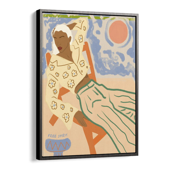 Vibrant "FREE SPIRIT, PORTRAITS" illustration by Uma Gokhale, showcasing a woman's beauty and artistic style.