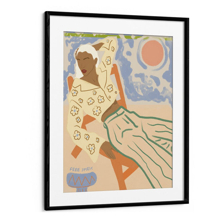 Vibrant "FREE SPIRIT, PORTRAITS" artwork by Uma Gokhale, showcasing a stylish woman in a framed illustration.