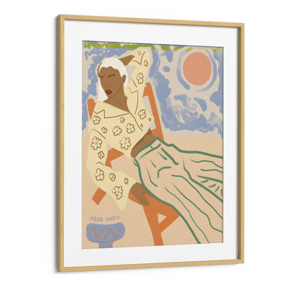 Vibrant "Free Spirit" portrait by Uma Gokhale, showcasing elegance in woman illustration art and framed beauty.