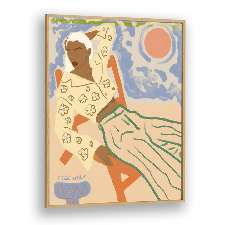 Vibrant "FREE SPIRIT, PORTRAITS" artwork by Uma Gokhale, showcasing a stylish woman in a colorful setting.