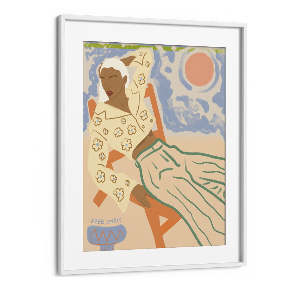 Vibrant "FREE SPIRIT, PORTRAITS" illustration by Uma Gokhale, showcasing a stylish woman in a serene setting.