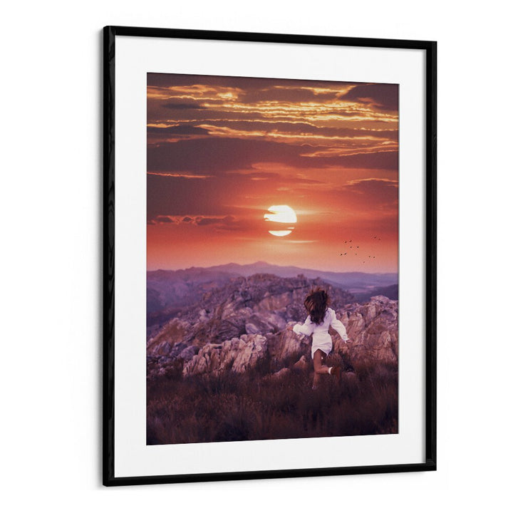 "FREE SPIRIT, SURREAL ART PRINTS showcasing a child in a mystical landscape at sunset by Ritvik Takkar."