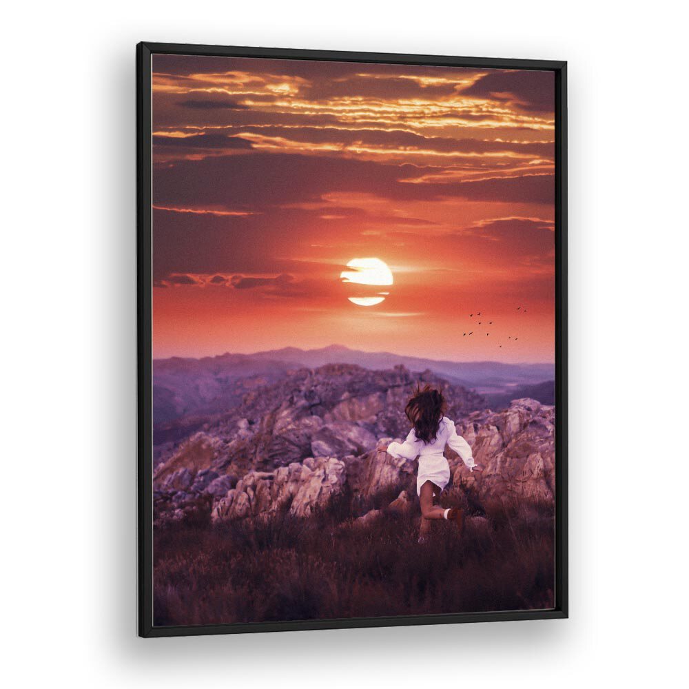 Explore the enchanting "FREE SPIRIT, SURREAL ART PRINTS" featuring a child against a stunning sunset backdrop.