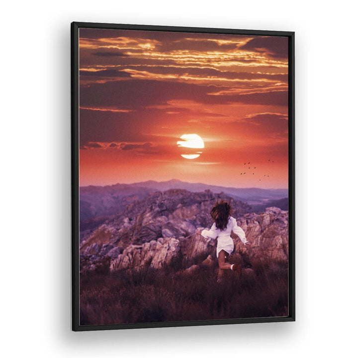 Explore the enchanting "FREE SPIRIT, SURREAL ART PRINTS" featuring a child against a stunning sunset backdrop.