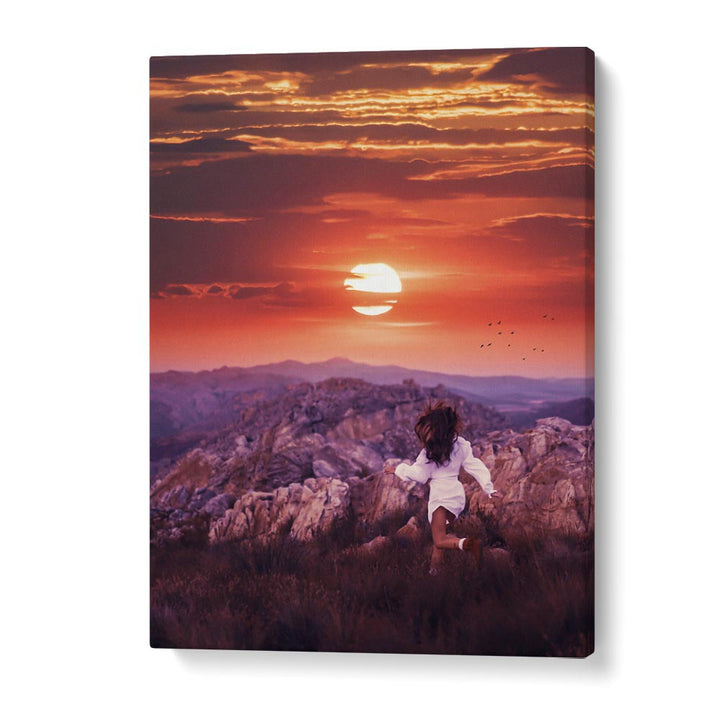 Explore "FREE SPIRIT, SURREAL ART PRINTS" by Ritvik Takkar, featuring a girl running towards a vibrant sunset landscape.