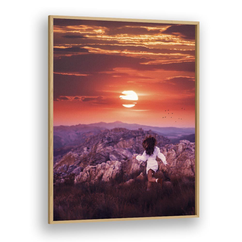 Captivating sunset scene from the FREE SPIRIT, SURREAL ART PRINTS collection by Ritvik Takkar in a sleek frame.