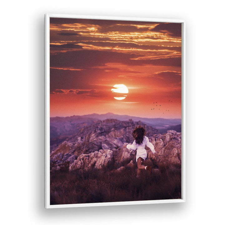 Explore the FREE SPIRIT, SURREAL ART PRINTS collection featuring a child in a stunning sunset landscape by Ritvik Takkar.