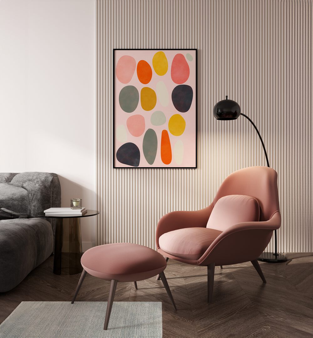 Bright living room featuring FRIENDLY COLORS IV, ABSTRACT PAINTINGS by Ana Rut Bre, adding vibrant charm to the decor.