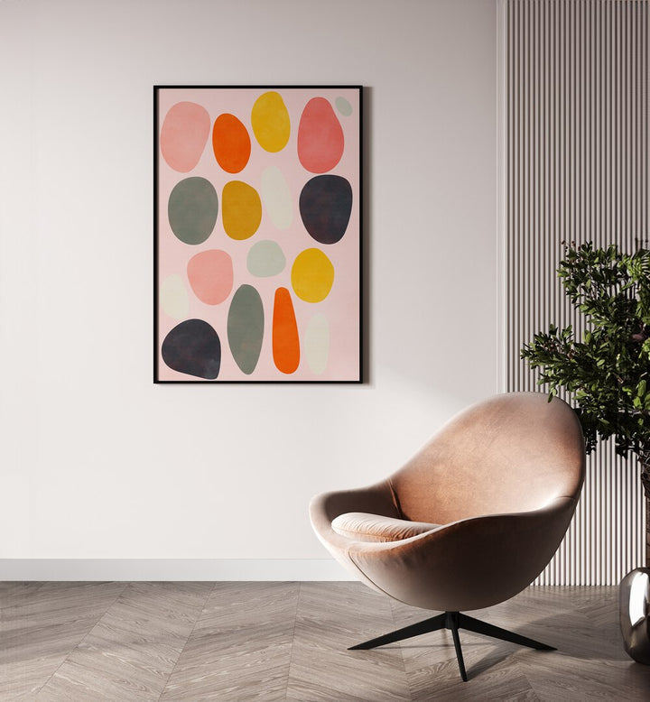 Vibrant "FRIENDLY COLORS IV, ABSTRACT PAINTINGS" by Ana Rut Bre, enhancing modern interiors with playful shapes.