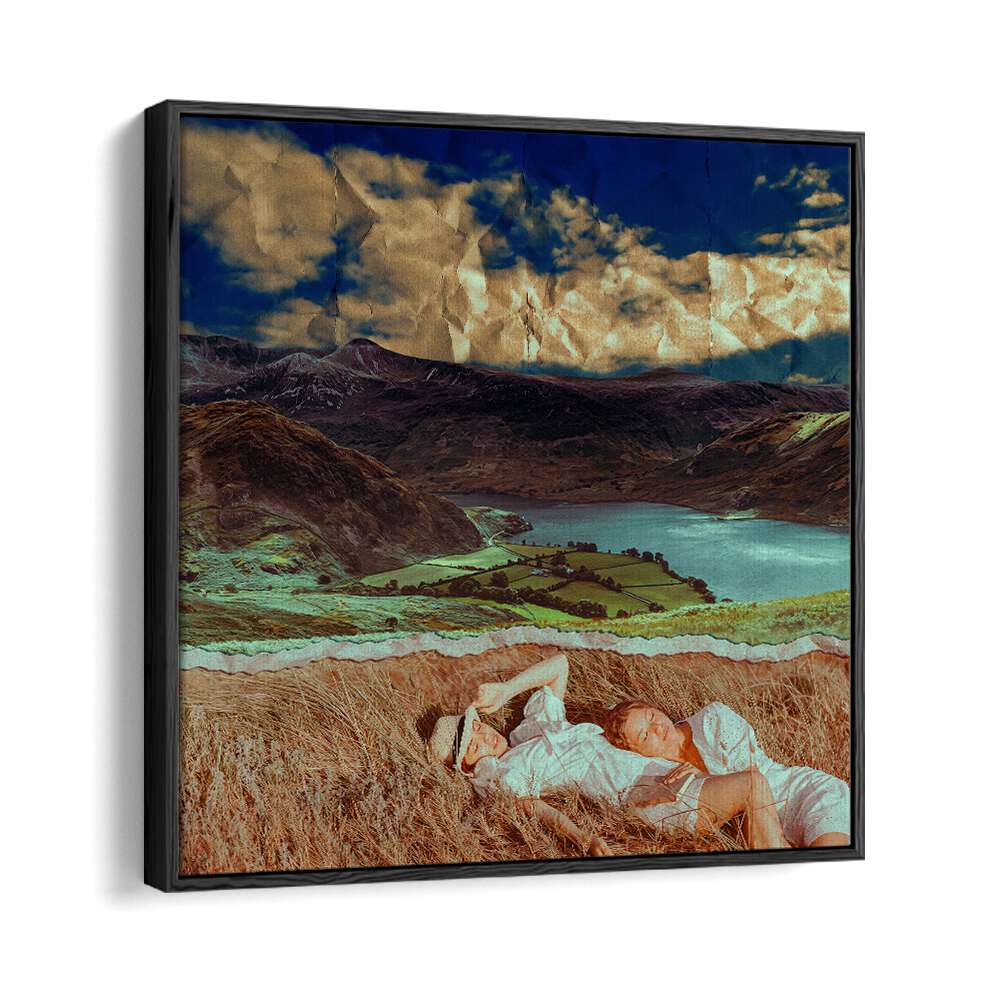 Surreal art print "Friends In A Field" by Cosmo Zach, featuring two figures resting in a picturesque landscape.