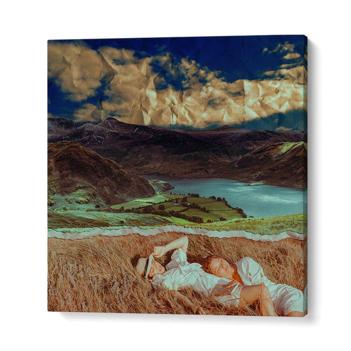 "FRIENDS IN A FIELD, SURREAL ART PRINTS by Cosmo Zach features two friends relaxing in a vibrant, dreamlike landscape."
