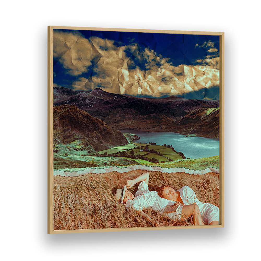 "FRIENDS IN A FIELD, SURREAL ART PRINTS by Cosmo Zach captures two friends relaxing in a stunning, dreamlike landscape."