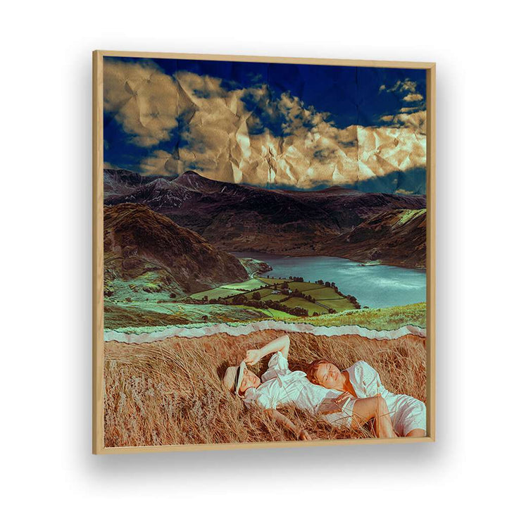 "FRIENDS IN A FIELD, SURREAL ART PRINTS by Cosmo Zach captures two friends relaxing in a stunning, dreamlike landscape."