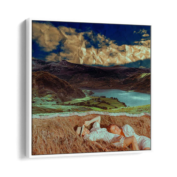 Surreal art print "Friends In A Field" by Cosmo Zach, featuring serene landscapes and peaceful figures in nature.