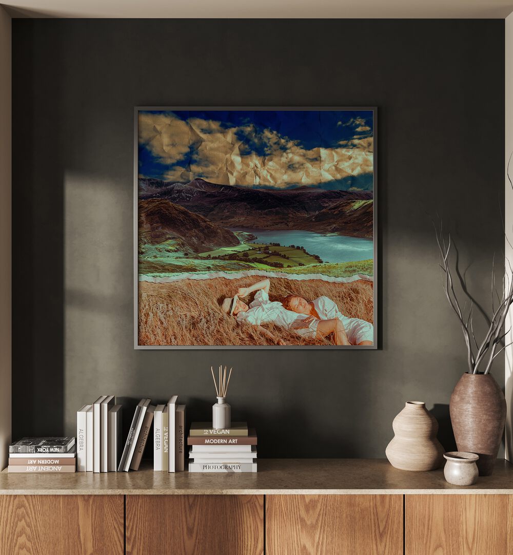 Transform your space with "FRIENDS IN A FIELD, SURREAL ART PRINTS" by Cosmo Zach, featuring a serene landscape scene.