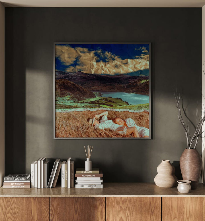 Transform your space with "FRIENDS IN A FIELD, SURREAL ART PRINTS" by Cosmo Zach, featuring a serene landscape scene.