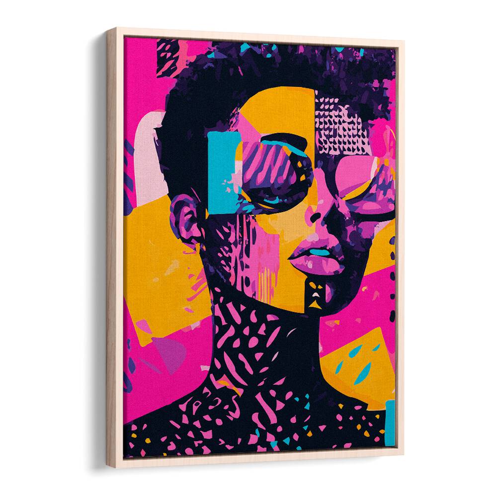 Colorful FROM THE EIGHTIES, POP ART PAINTINGS in a sleek oak floater frame, perfect for modern decor.
