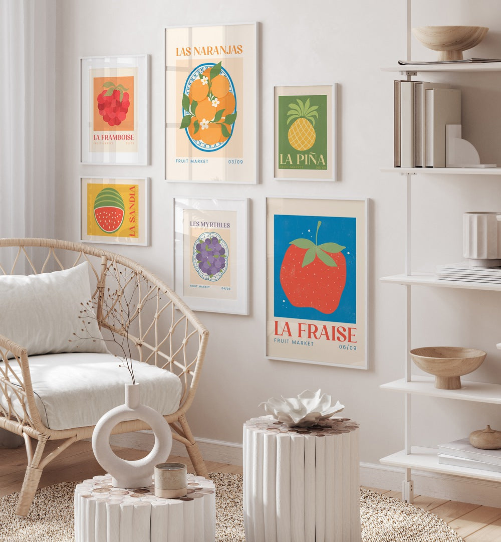 Stunning FRUCTUS GALLERY WALL featuring vibrant fruit art prints, perfect for elegant gallery walls in any room.