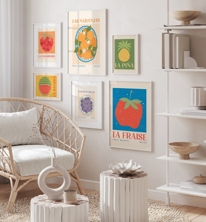 Stunning FRUCTUS GALLERY WALL featuring vibrant fruit art prints, perfect for elegant gallery walls in any room.
