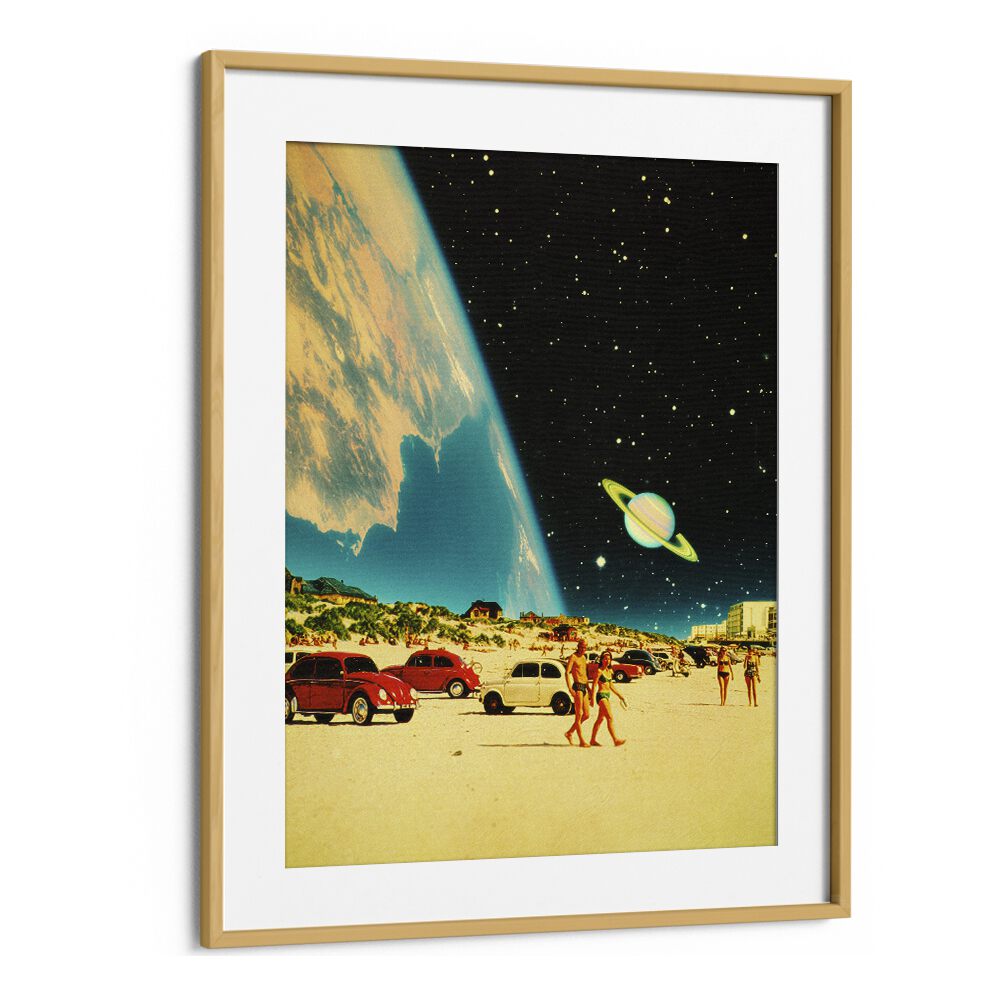 Surreal art print of GALAXY BEACH, FANTASY by Taudalpoi, featuring a cosmic scene with Saturn and beachgoers.