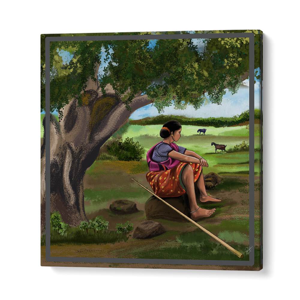 Serene scene from WHISPER OF THE MEADOWS, INDIAN ART PAINTINGS, depicting a woman reflecting under a tree.
