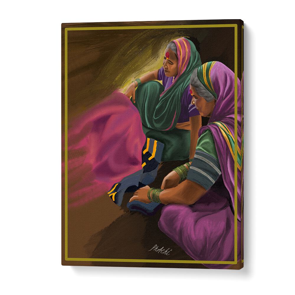 Maharashtrian women weaving Godhadi, showcasing the JOY OF WEAVING, INDIAN ART PAINTINGS by Pritchi.