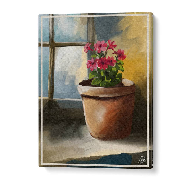 BLOOM BY THE WINDOW, INDIAN ART PAINTINGS showcases vibrant flowers thriving in a sunny windowsill.