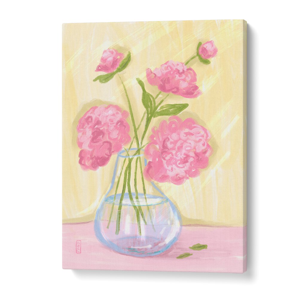 Bright pink peonies in a vase showcase elegance in A VASE OF PEONIES, FLORAL FLOWER PAINTINGS for vibrant decor.