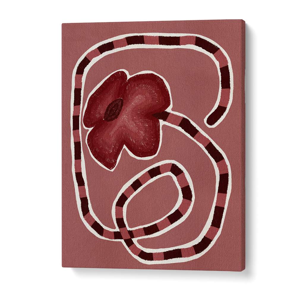 Delicate Bloom XII, floral flower paintings showcasing a vibrant red bloom on a textured pink background.