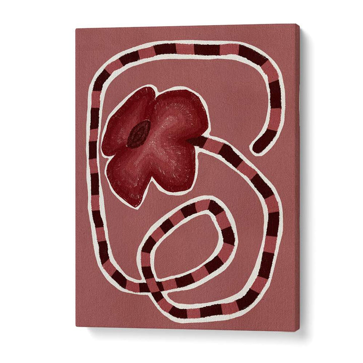 Delicate Bloom XII, floral flower paintings showcasing a vibrant red bloom on a textured pink background.