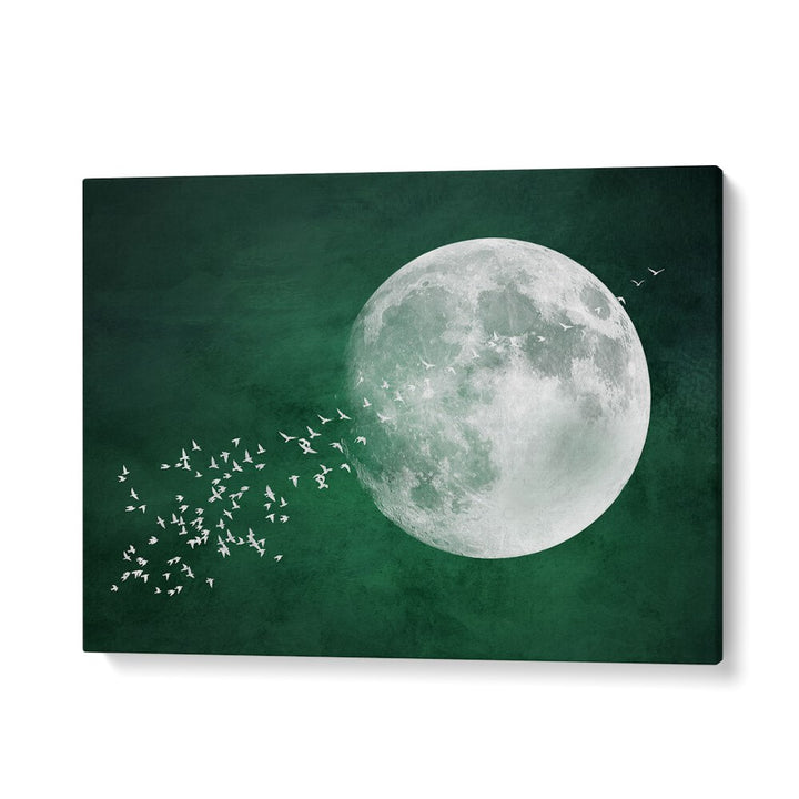 Mesmerizing EMERALD MOON, LANDSCAPE PAINTINGS showcasing a serene moonlit scene with flying birds in a tranquil green backdrop.