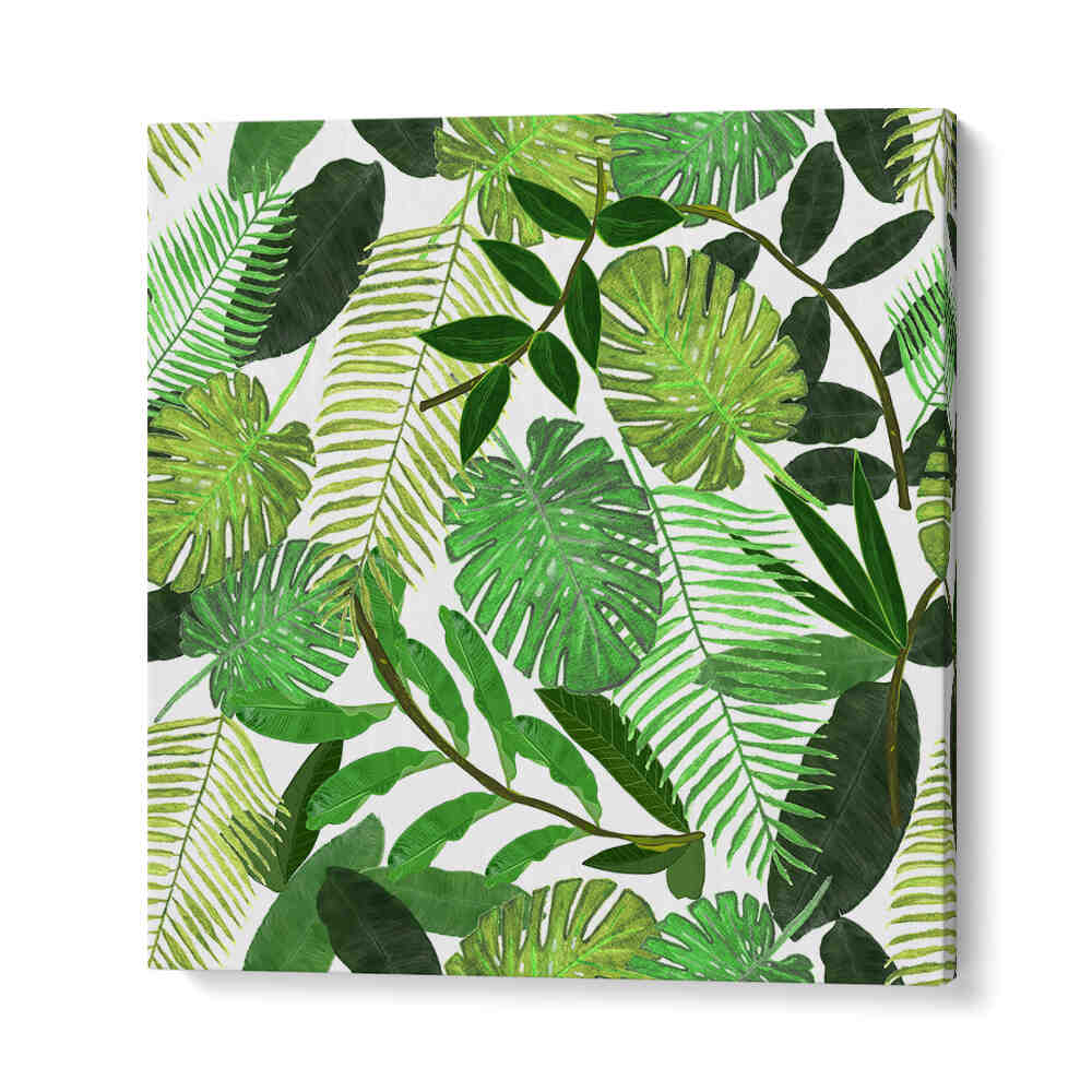 GREEN TROPICAL WATERCOLOR LEAVES , FLORAL FLOWER PAINTINGS canvas art featuring layered palm, monstera and fern leaves