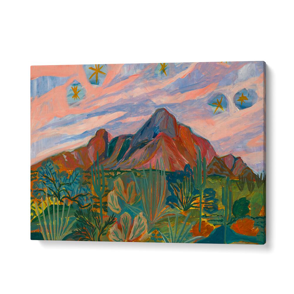 Colorful VINTAGE DESERT STARRY NIGHT SUNSET, LANDSCAPE PAINTINGS showcasing a stunning desert scene at twilight.