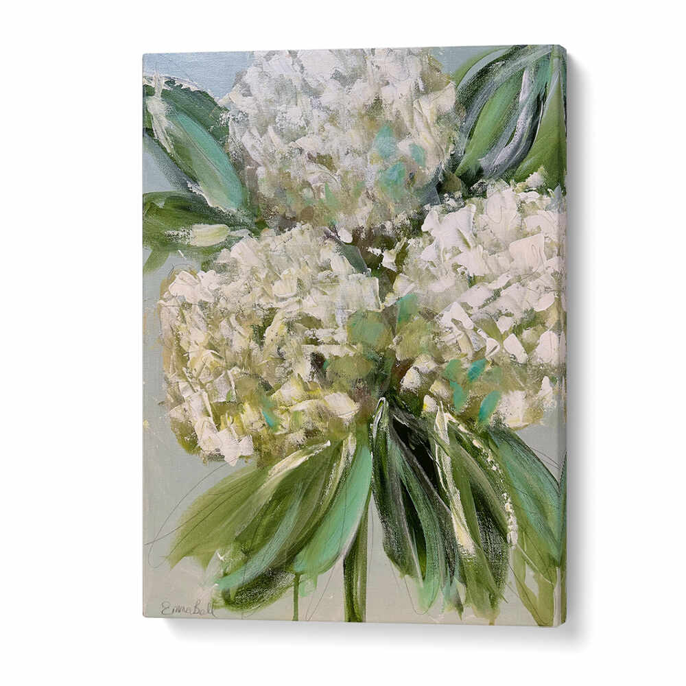 Stunning WHITE HYDRANGEAS GREEN LEAVES, FLORAL FLOWER PAINTINGS enhance any space with elegance and artistry.