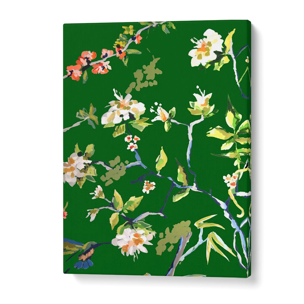 Brighten your home with DINING ROOM WALLS I, FLORAL FLOWER PAINTINGS featuring vibrant floral designs on a rich green backdrop.