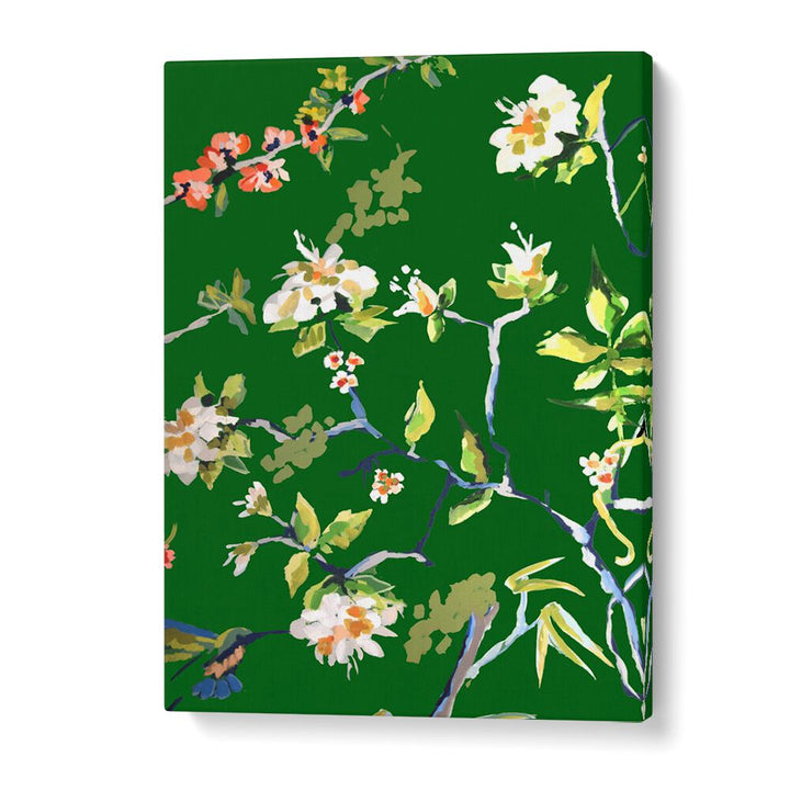 Brighten your home with DINING ROOM WALLS I, FLORAL FLOWER PAINTINGS featuring vibrant floral designs on a rich green backdrop.
