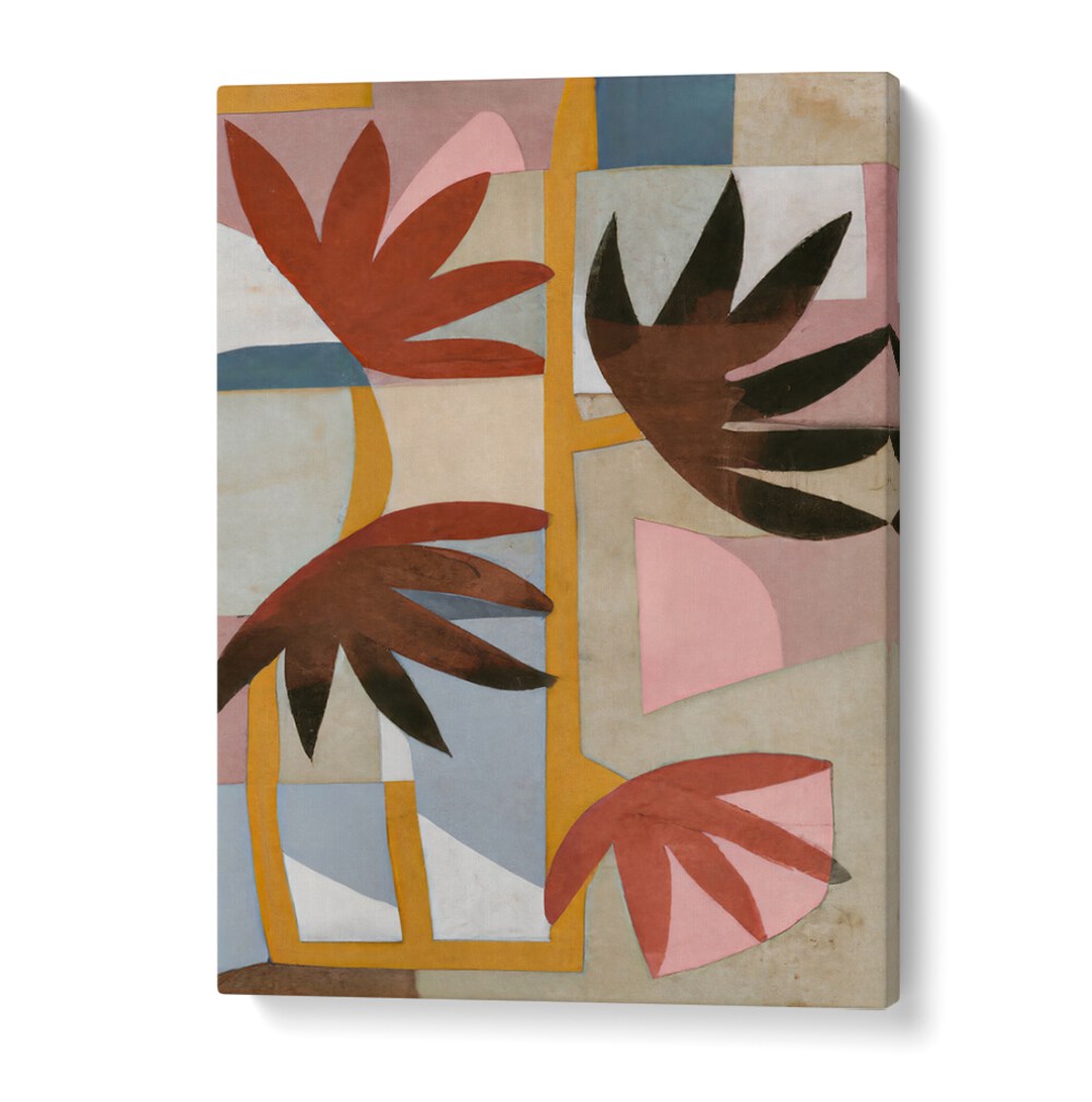 FLOWER SAFARI, floral flower paintings with abstract brown and red leaves in soft pastel tones for modern decor.