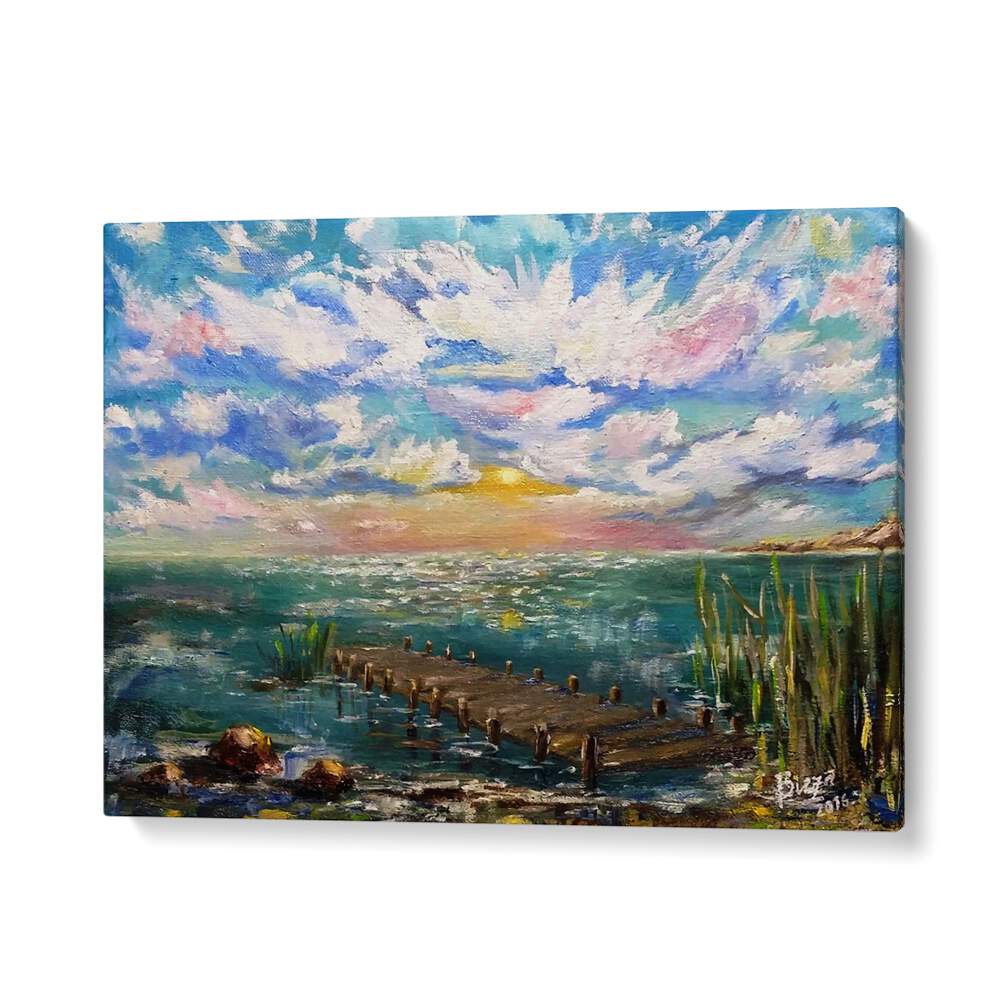 Serene sunset over water with a dock, perfect for your home, showcasing HAPPY DAY, LANDSCAPE PAINTINGS.
