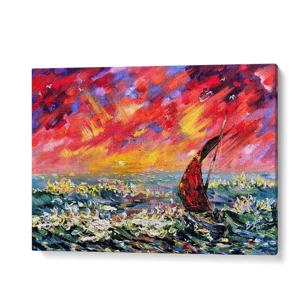 Vivid RED SKY BOAT, LANDSCAPE PAINTINGS capture a serene sunset over tranquil waters, perfect for any living space.