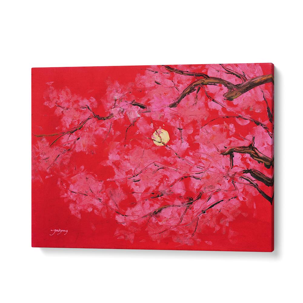 Vibrant REDMOON, FLORAL FLOWER PAINTINGS featuring pink blossoms against a striking red background, perfect for decor.