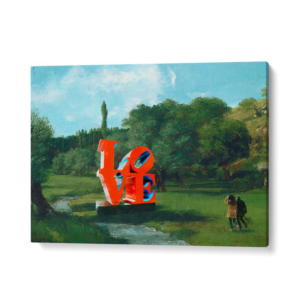 Explore THE LOVE FOUND, ALTERED ART PRINTS, featuring a vibrant sculpture of love in a serene landscape.
