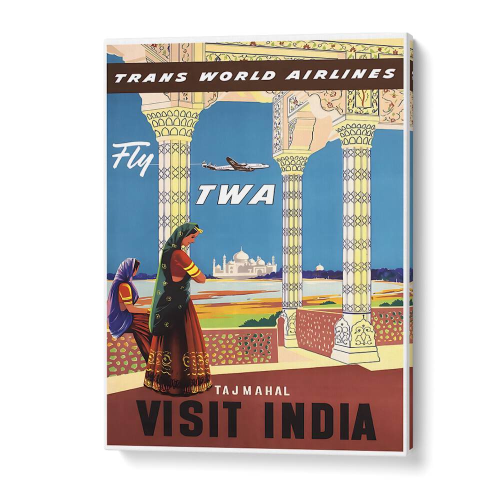 Colorful vintage travel poster promoting the Taj Mahal, titled "VISIT TAJ MAHAL, VINTAGE TRAVEL POSTERS," ideal for decor.