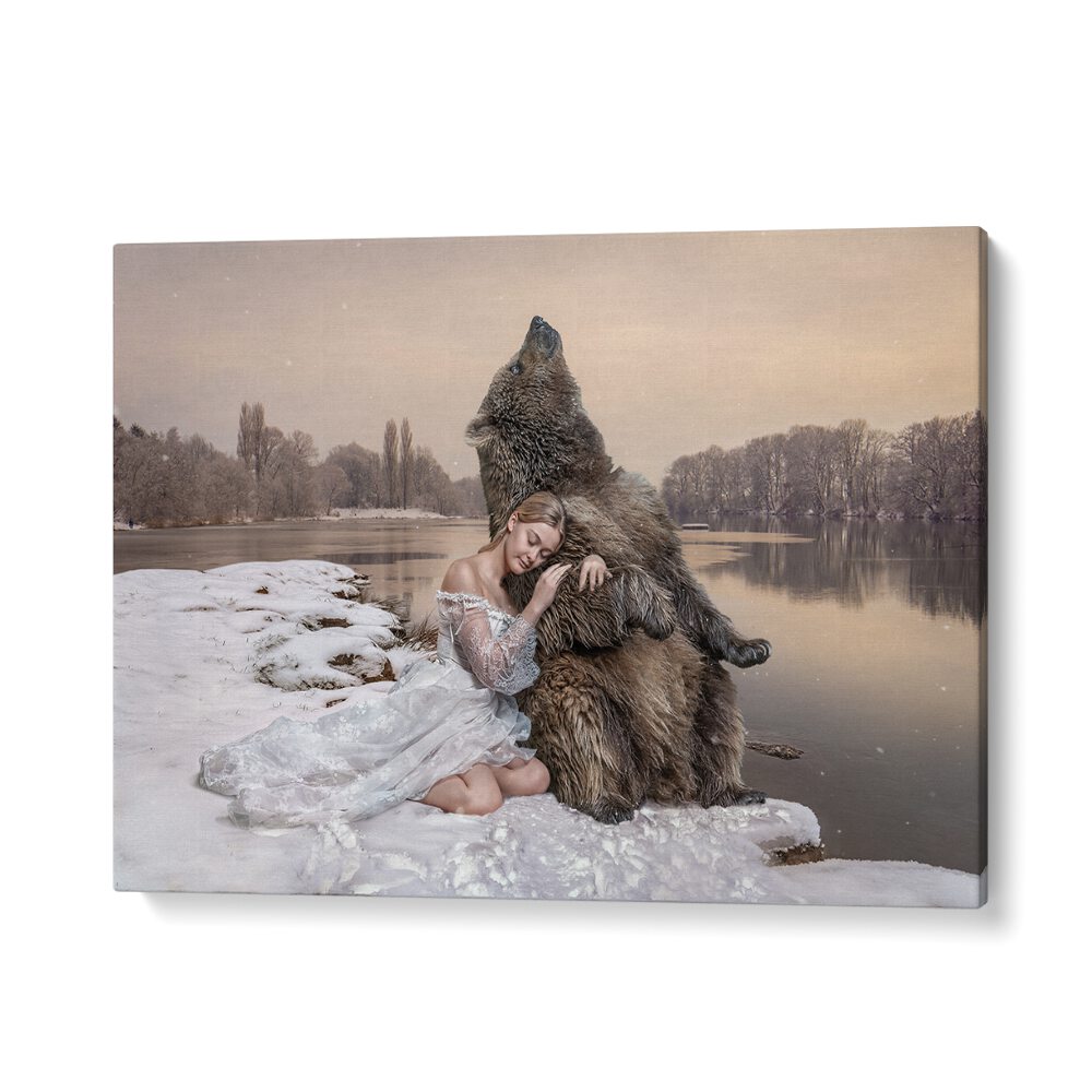 Surreal CUDDLING BEAR, PHOTOGRAPHY PRINTS featuring a girl embracing a bear in a snowy landscape. Perfect for art lovers.