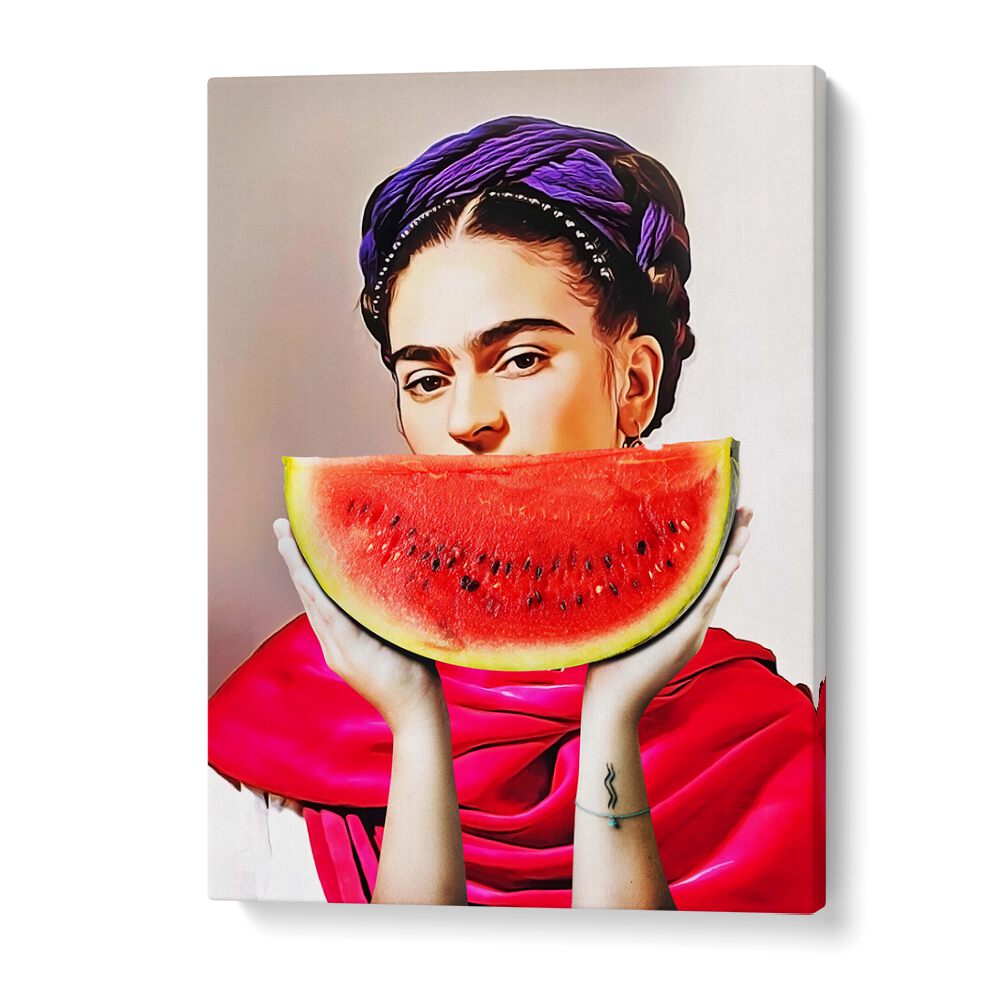 Vibrant WATERMELON FRIDA, ALTERED ART PRINTS by Dikhotomy, blending color and culture in a playful tribute.