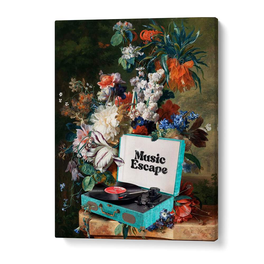 MUSIC ESCAPE, FLORAL FLOWER PAINTINGS by Dikhotomy blends vibrant flowers with musical nostalgia for a stunning decor piece.