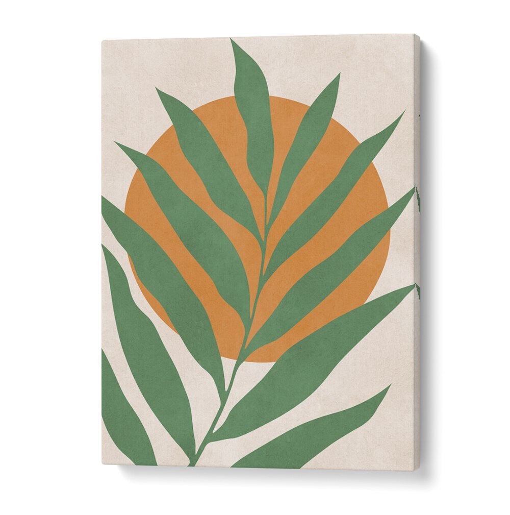 Vibrant TROPICAL III, BOHO ART PAINTINGS featuring lush green leaves and a warm orange sun for a refreshing decor touch.
