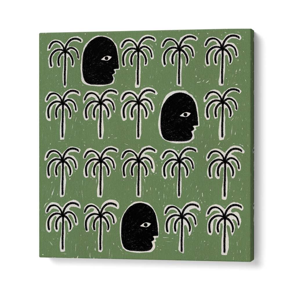 Enchanting THE SONG OF SPIRITS, BOHO ART PAINTINGS, featuring serene faces and palm trees, perfect for tranquil decor.